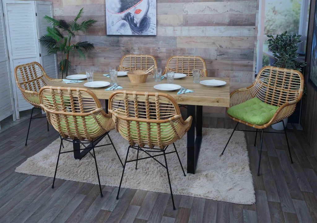 6er-Set Esszimmerstuhl HWC-P17, Küchenstuhl Korbstuhl Rattansessel Rattanstuhl Stuhl, Kubu Rattan Metall Polster grün