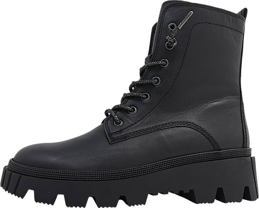 A black leather lace-up boot with a thick sole is shown from the side against a white background.