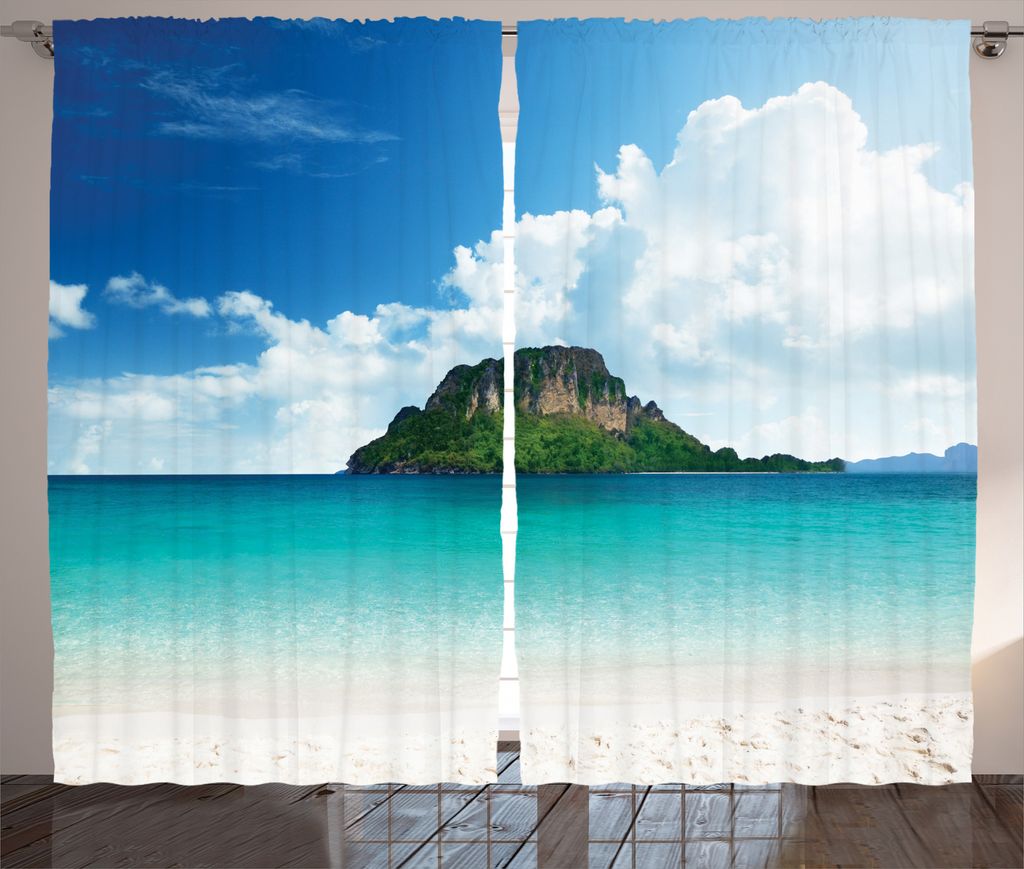 ABAKUHAUS Insel Rustikaler Gardine, Südasiatisches Paradies, Schlafzimmer Kräuselband Vorhang mit Schlaufen und Haken, 280 x 225 cm, Blaue weiße...