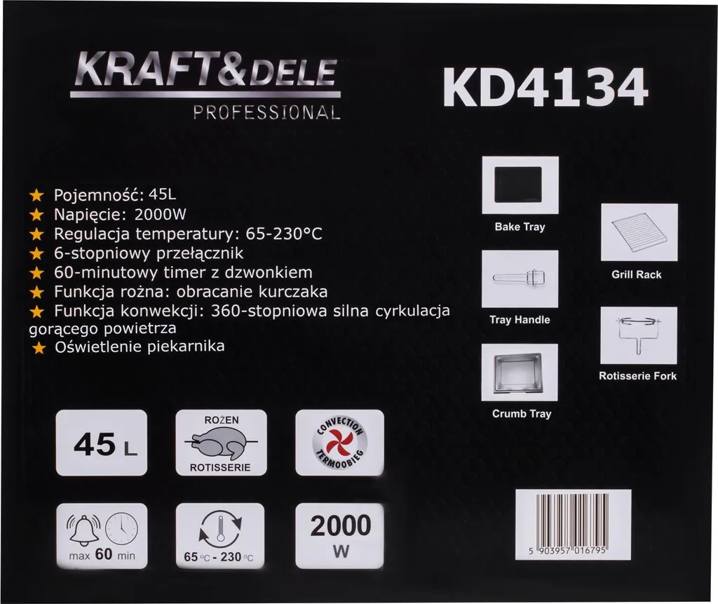 KRAFT&DELE | Mini forno, forno a convezione da tavolo, 45 L, 2000 W, illuminazione interna, 6 funzioni, temperatura fino a 230 °C, doppia porta in vetro, spiedo girevole incluso, calore superiore, calore inferiore, ventilazione, frontale in vetro a specchio - 12