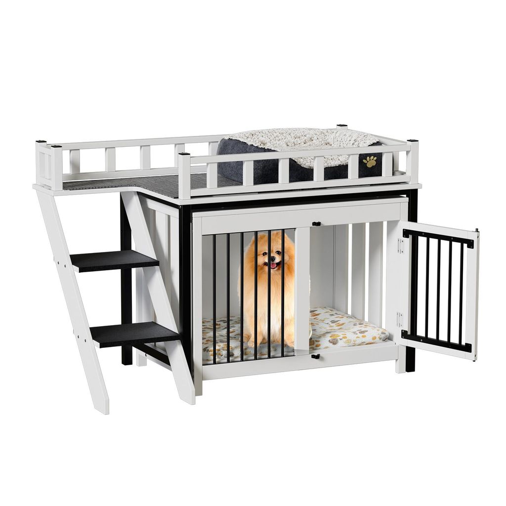 Hundebox mit Balkon im Möbelstil – Stilvolles Indoor-Hundemöbel mit Liegefläche & Treppe | 120 x 56 x 65 cm