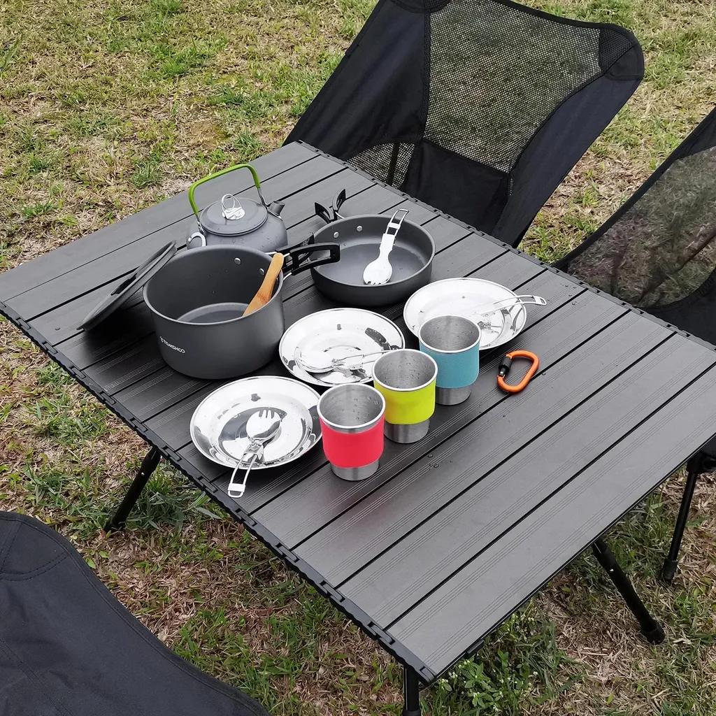 9Pezzi Set di Pentole da Campeggio Acciaio Inox con Manico Pieghevole Posate Pentola, Impilabili Pentola da Campeggio con Pentole e Padelle, Coltelli, Forchette e Cucchiai e Sacchetti per Riporli