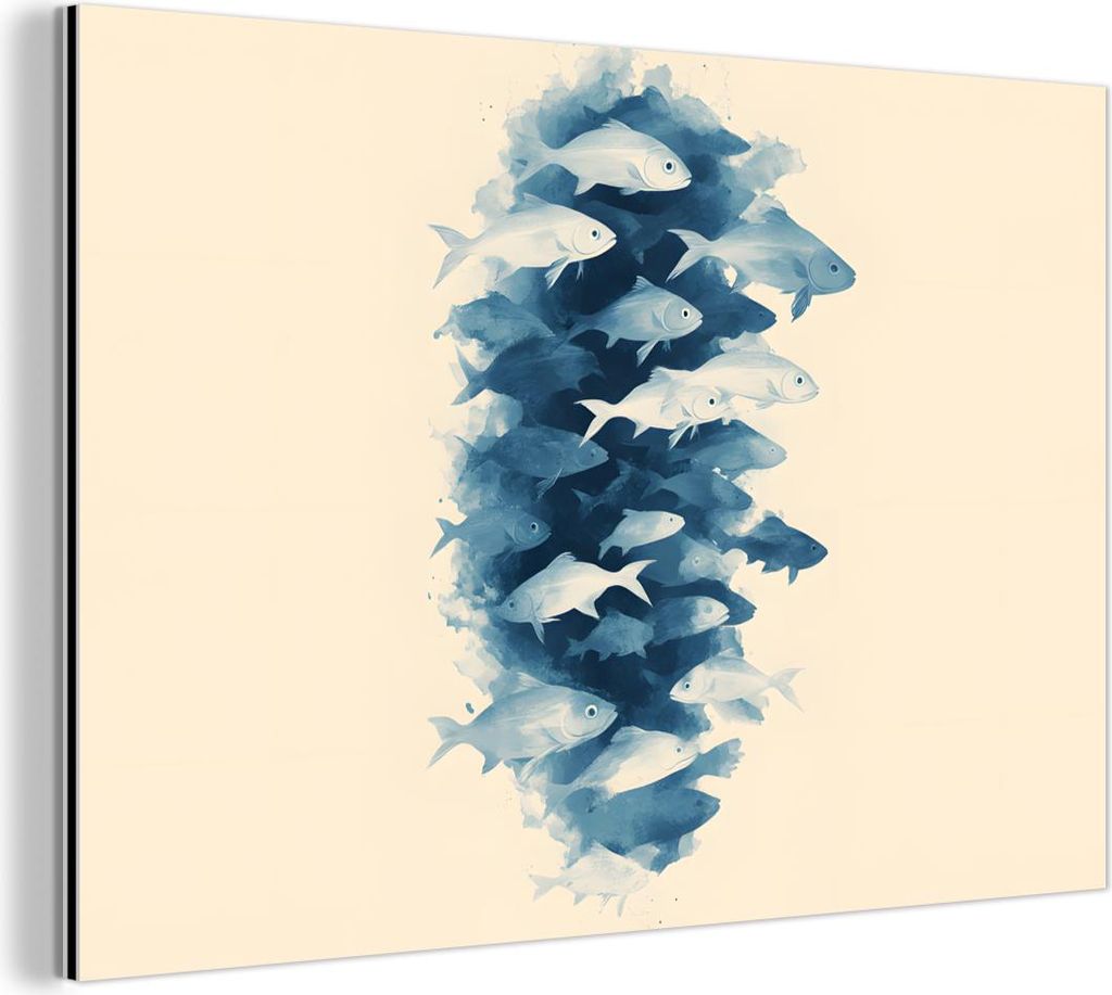 MuchoWow Wanddekoration Metall Metallbild Wandkunst 150x100 cm Fische - Minimalistisch - Blau MuchoWow Aluminium Gemälde - Alu Dibond Bild