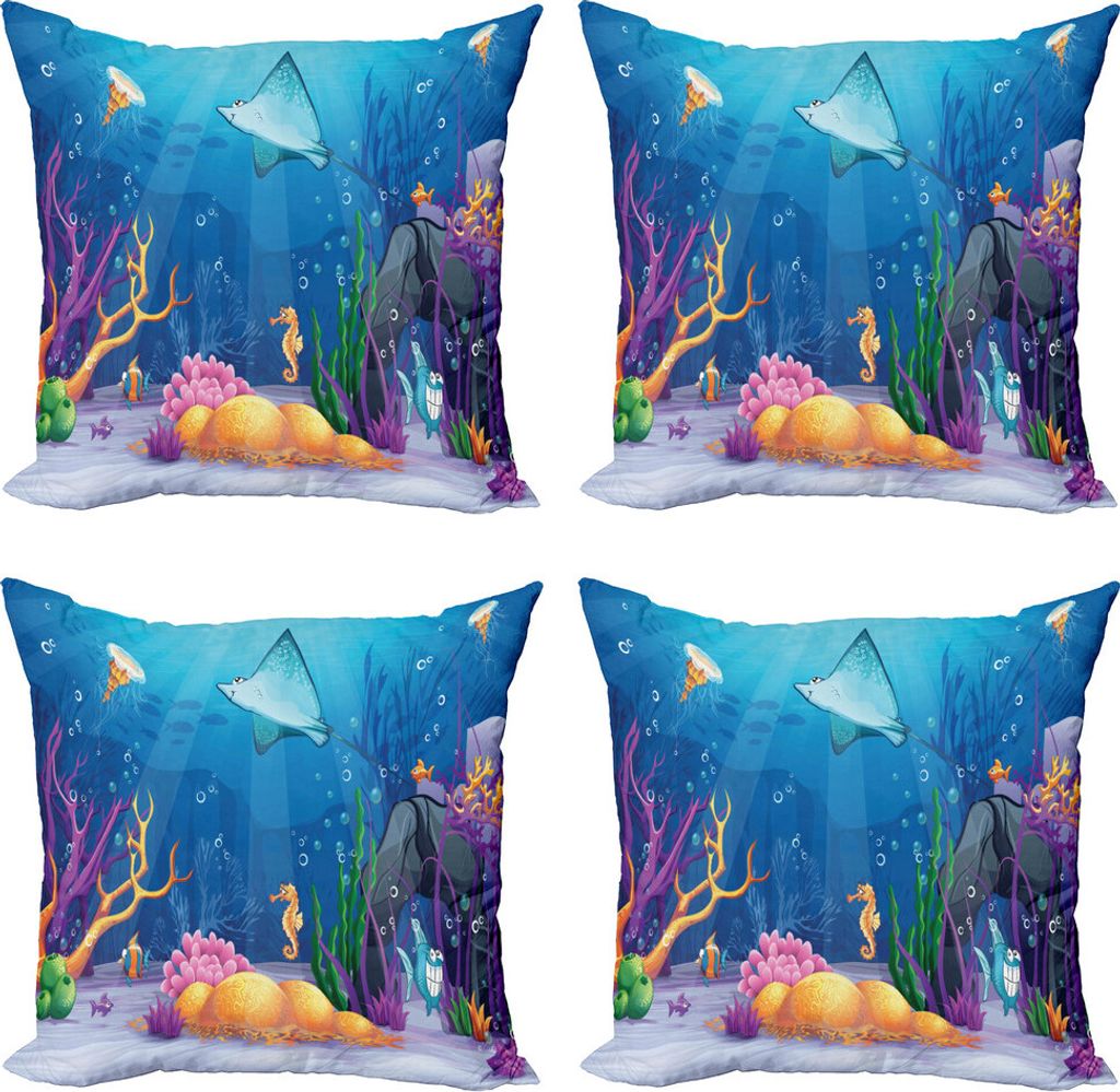 ABAKUHAUS Ozean Kissenbezug Set (4 Stück), Marine Life Fisch Moss, Moderner Doppelseitiger Digitaldruck, 50 cm x 50 cm, Mehrfarbig