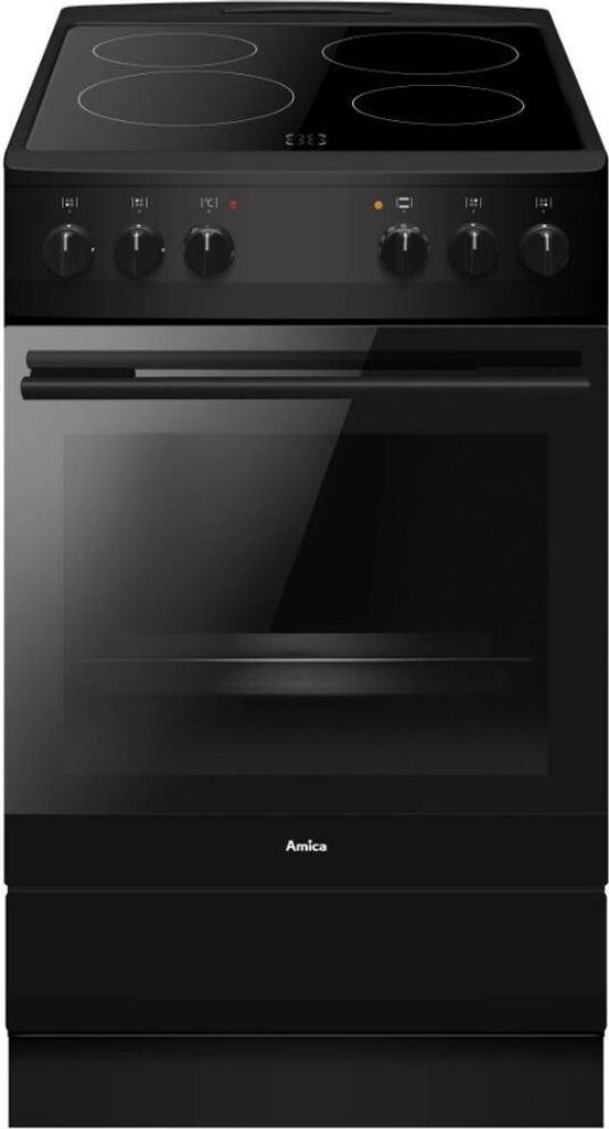 A black freestanding electric stove with a glass ceramic hob and an oven.