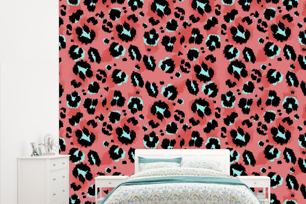 MuchoWow Fototapete für Wohnzimmer oder Schlafzimmer Wandtapete Vinyl Motivtapete Pantherdruck - Rosa - Blau - Muster - 265x220 cm - Die Küche
