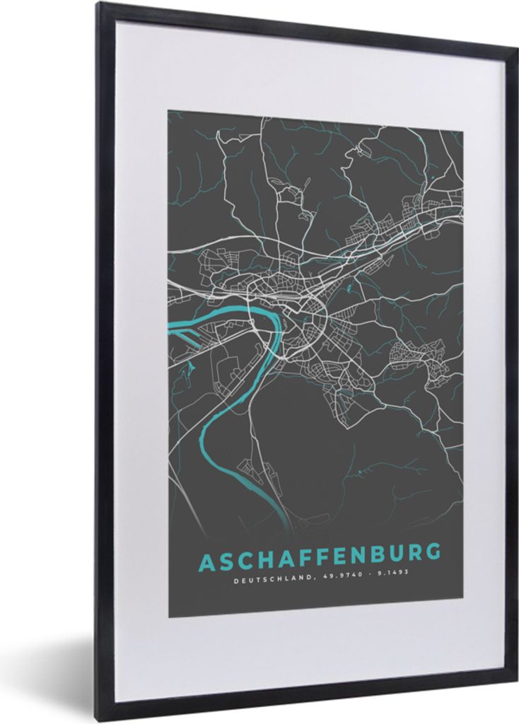 MuchoWow Gerahmtes Poster Stadtplan - Karte - Aschaffenburg - Blau - Deutschland - Karte 40x60 cm - Poster mit Schwarzem Bilderrahmen Wandposter ...