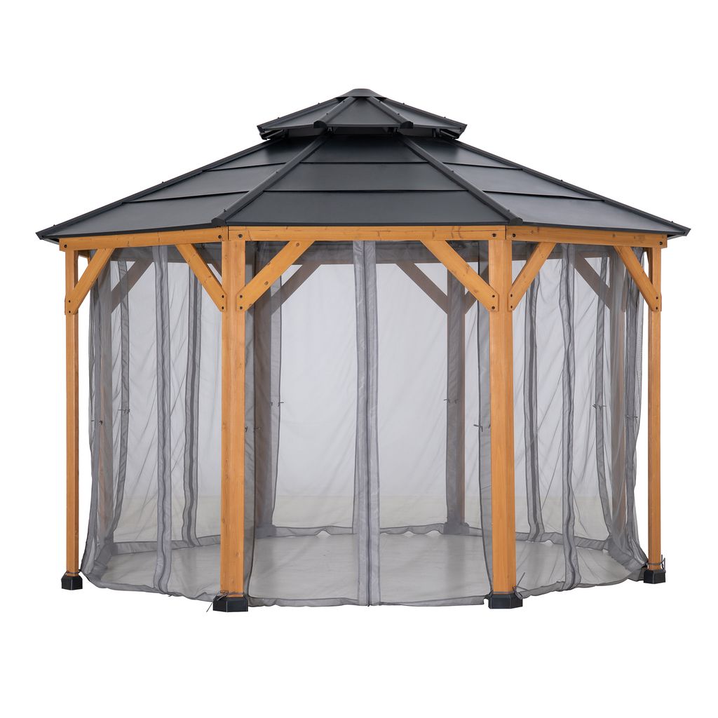 A gazebo with a black roof and wooden frame, enclosed by gray mesh curtains, is shown against a white background.