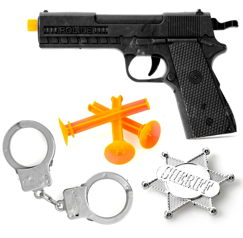 Kostüm Pfeilpistole mit 2 x Pfeilen Handschellen Karneval Spielzeugpistole 