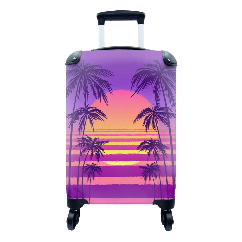 MuchoWow Koffer Handgepäck Trolley Rollkoffer Kleine Reisekoffer mit 4 Rollen - Sonne - Palmen - Lila - Sommer - Cabin Size < 55x40x23 cm & 55x4...