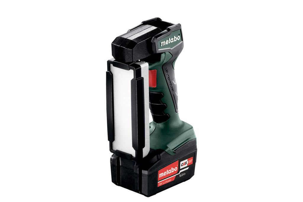 A Metabo cordless work light with a battery pack attached, shown against a white background.