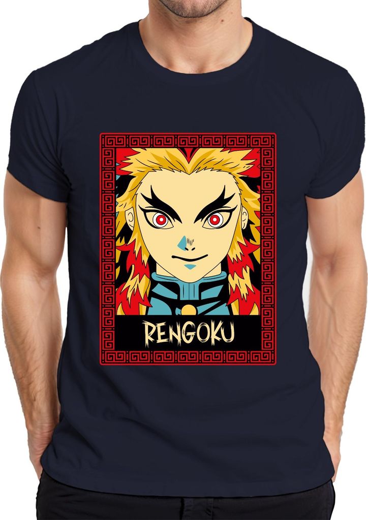RENGOKU Kyojuro Demon Slayer Anime Flamme Geschenk Sammler Herren T-Shirt, Navy, S