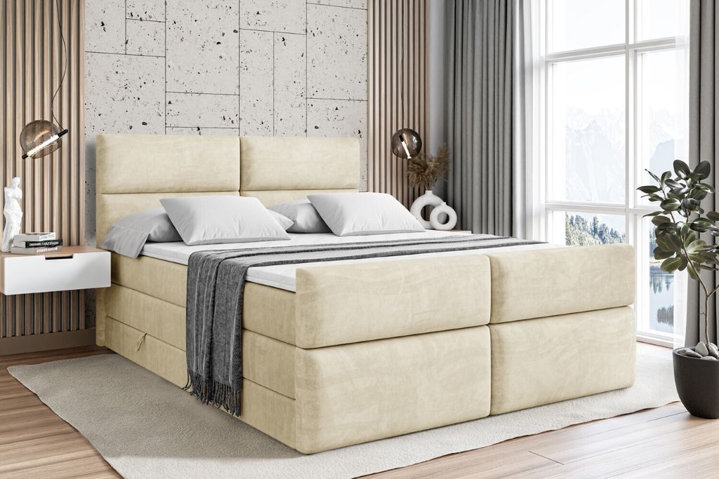 ALTDECOR Boxspringbett mit Fußteil, 2 Matratzen und Topper - 200x200 cm - BOXI3-Z KING - Beige Samt - Polsterbett mit, H3- und H4- Matratzen, Bett...