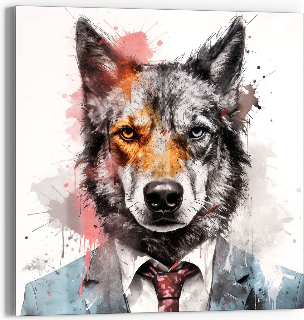 DEQOART Glasbild Echtglas 50x50 cm 'Wolf im Anzug' Wandbild Bild modern Deko
