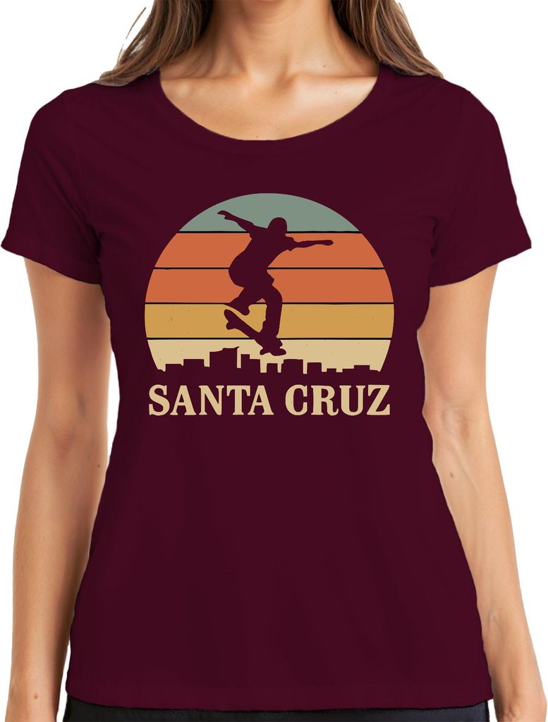Santa Cruz Skateboard Skater Retro Sonnenuntergang Vintage Strand Damen T-Shirt, Burgundy, XXL