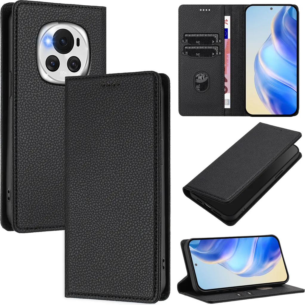 Cover Slim Wallet Honor Magic 6 - Pelle Nera Effetto Litschi Luxury