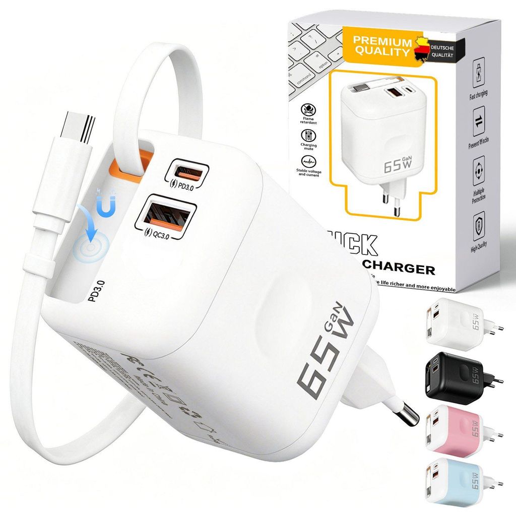 2026 NEW 65W GaN 3-Port USB C Ladegerät mit Einziehbarem Produktbild 