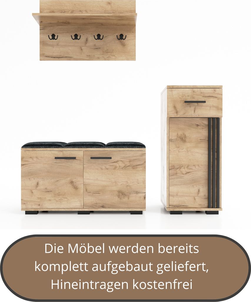 Garderobenset PIK-3, Flurgarderobe, Flurset, 4 Kleiderhaken, Schrank, Wandregal, Schuhschrank, fertig aufgebaut, Farbe: Goldene Eiche