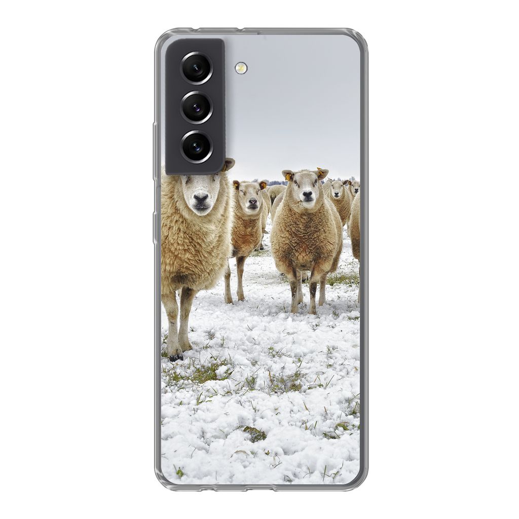 MuchoWow Handyhülle Schutzhülle Hülle für Samsung Galaxy S21 FE Schafe - Wolle - Schnee Silikon Softcase Handy Hülle - Mobiltelefonhülle