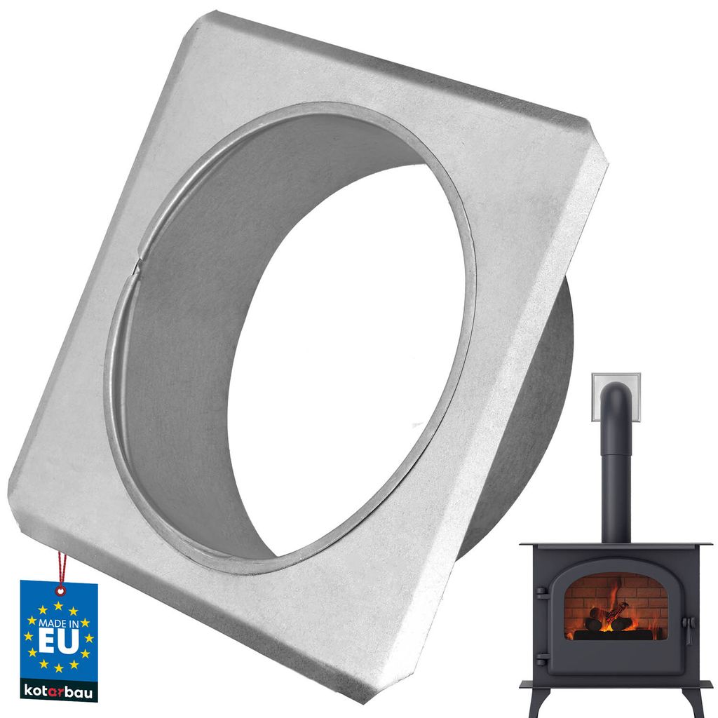 A product shot of a metal flange for a stove pipe, with a small inset image of a wood-burning stove.