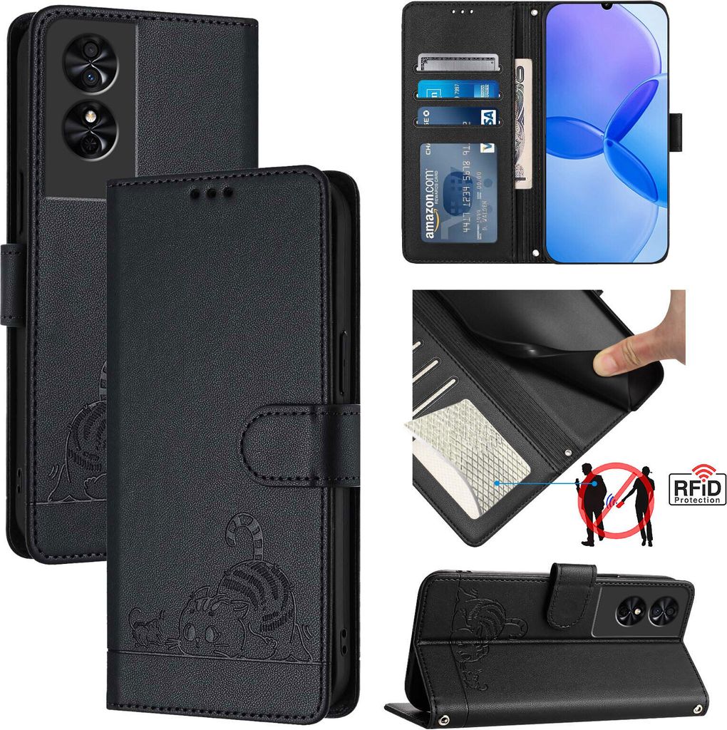 Leder Hülle für TCL 50 SE Süße Katze Flip Case Brieftasche Schutzhülle mit Standfunktion Schwarz