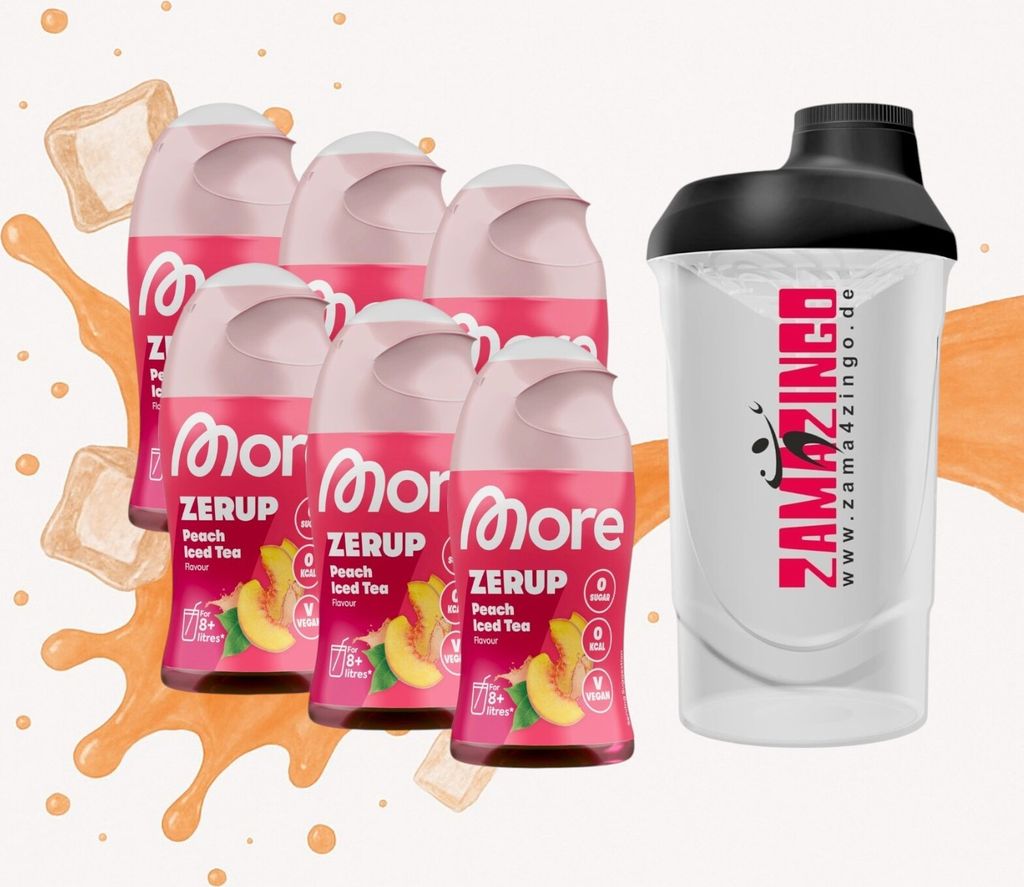 More Zerup Peach Iced Tea Zuckerfreier Sirup 65 ml (6er Pack) + Gratis Zama4Zingo Shaker 600ml