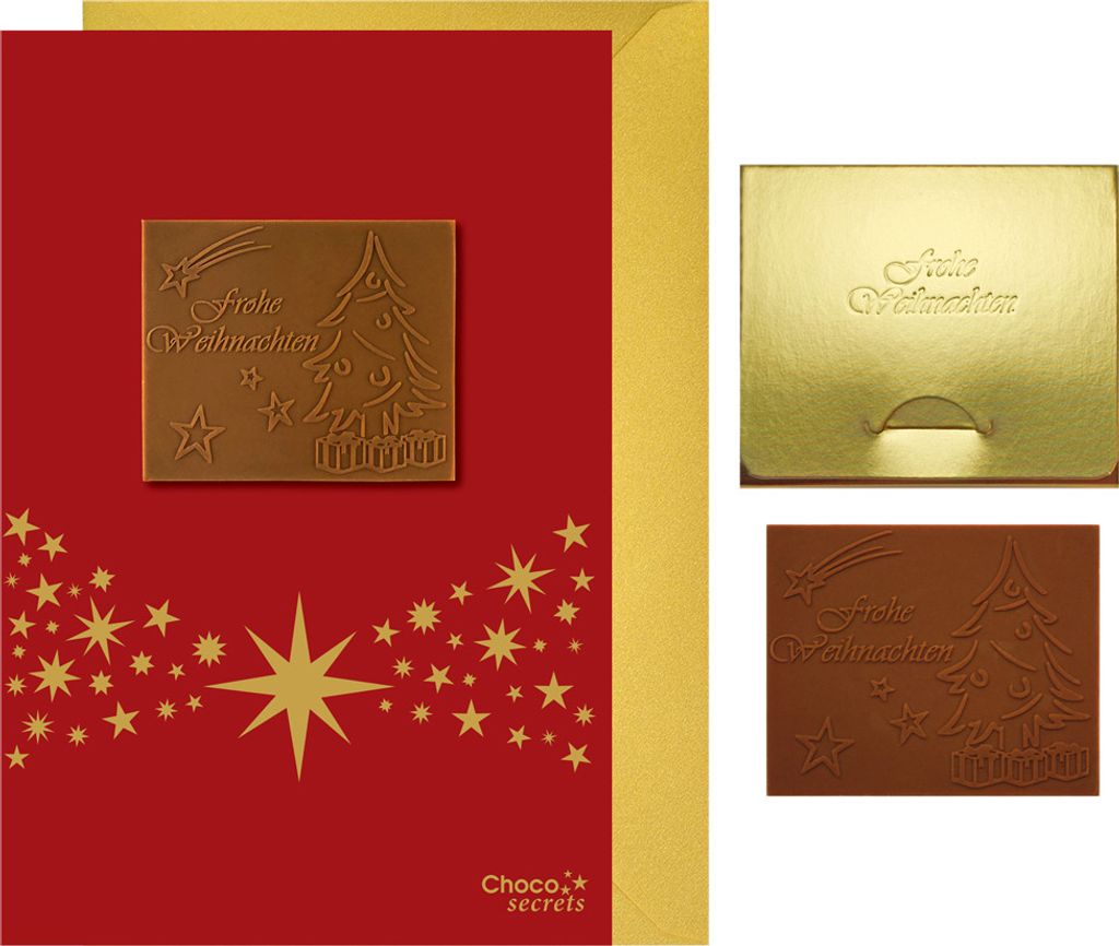 5 Weihnachtskarten mit geprägter „Frohe Weihnachten“ Schokolade inkl. Umschläge, in goldener Schachtel | Kartenmotiv: Rot-Sternenband | Umsch...