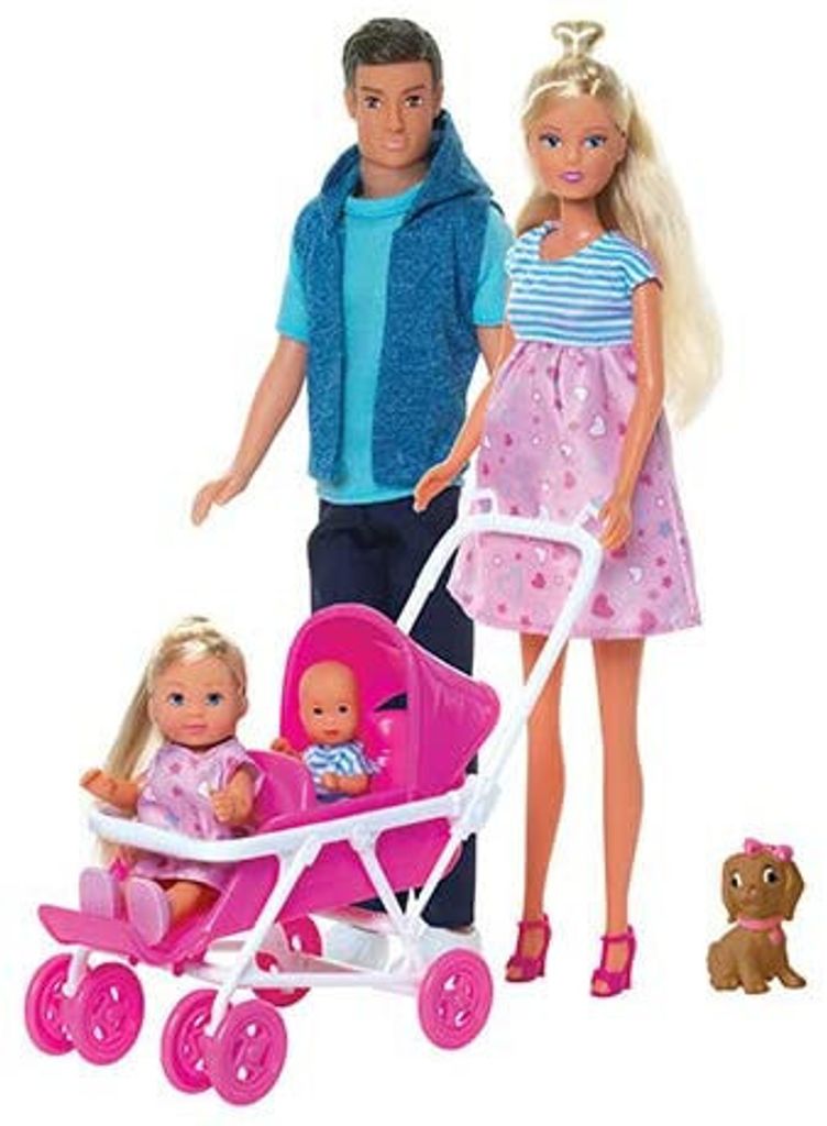 A family of dolls with a stroller and a dog.