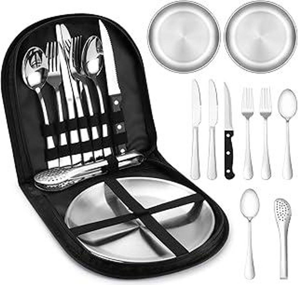 Camping Geschirr Set für 2 Personen, 10 Stück Tragbars Campingbesteck Set aus Edelstahl für Camping, Picknick, Reisen