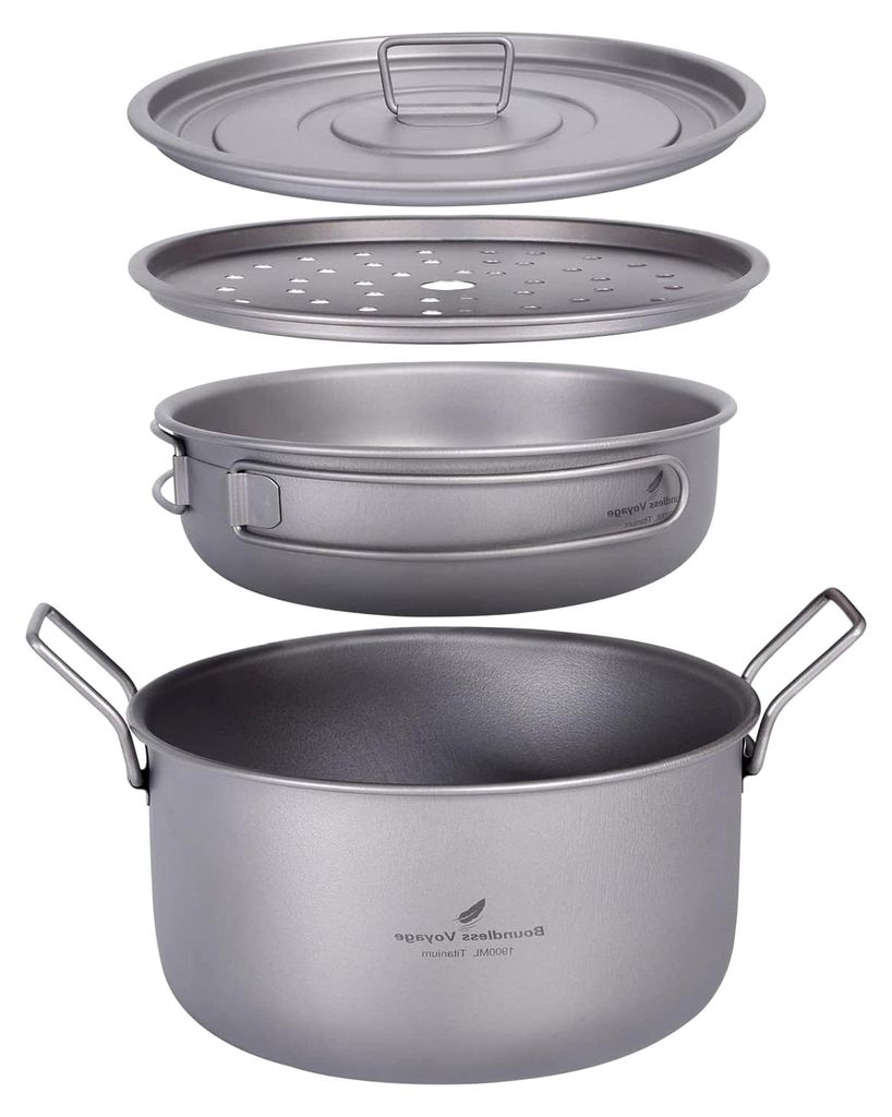 1,9L Titan Topf & 900ml Pfanne mit Deckel Camping Kochgeschirr Dampfgarer Leichtes Tragbares Kochtopf Set für Outdoor und Indoor mit klappbarem Griff