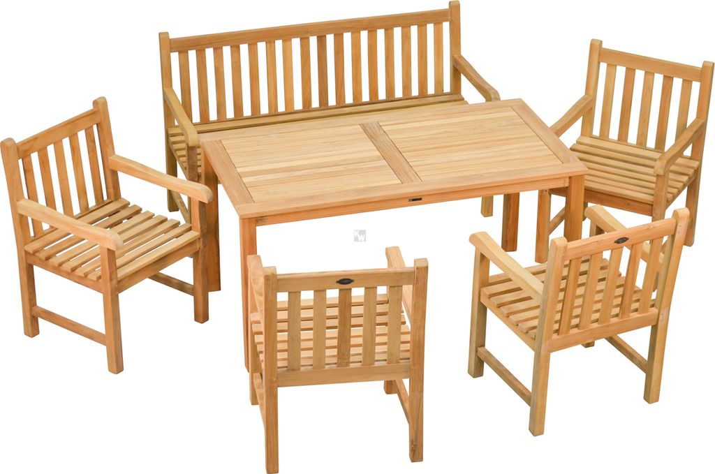 Teak Sitzgruppe aus 1 Bank 150 cm, 4 Sessel und 1 Tisch 150 x 80 cm sechsteiliges Set aus robusten Teak Gartenmöbeln