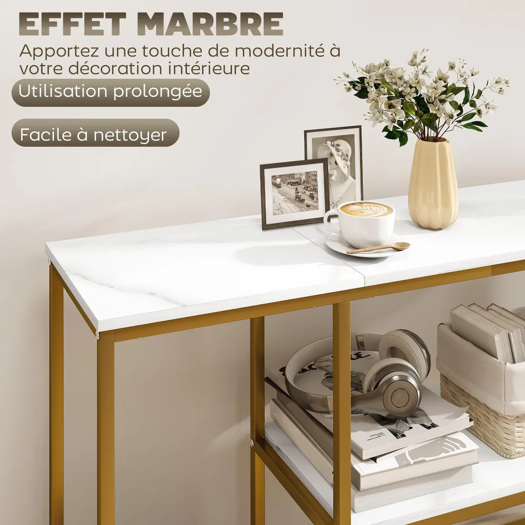 Console 120 cm gain de place : rangement chic blanc et doré marbre