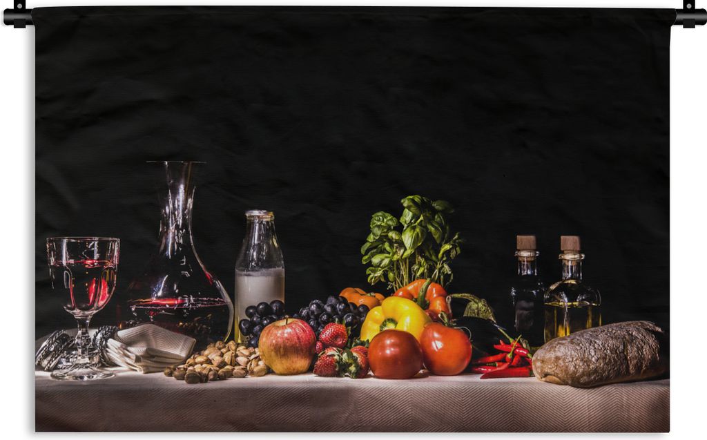 MuchoWow Wandteppich Wandbehang Stilleben - Essen - Trinken - Obst - Schwarz 120x80 cm Tapisserie Dekoration Wandtuch - Wanddekorationen - Wandt...