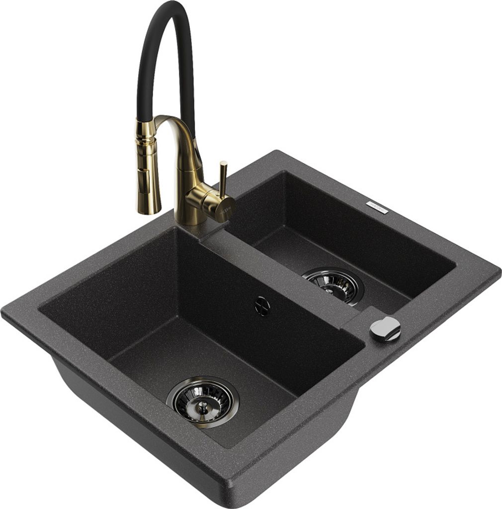 Mexen Carlos 1-Becken-Granit-Spüle mit Mischbatterie Aster, Schwarz gesprenkelt - 6518-76-73450-57-B