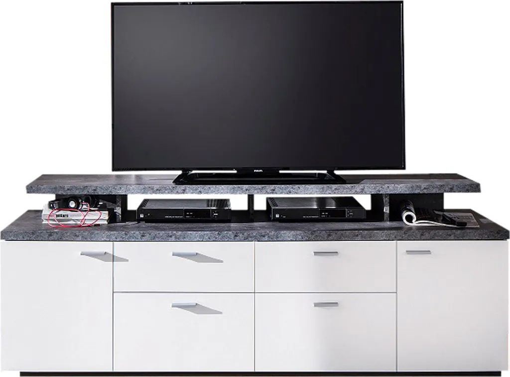 Mood Meuble TV Blanc et Pierre : 2 Portes, 2 Tiroirs et 4 Rangements