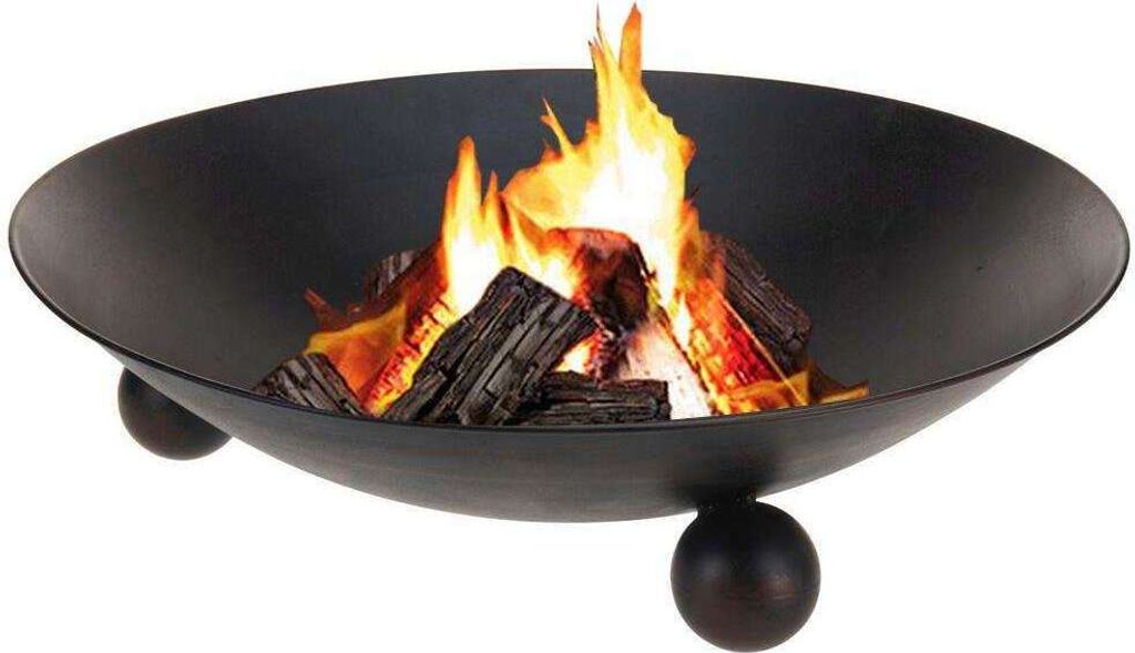 A black metal fire pit with burning logs inside, set against a white background.