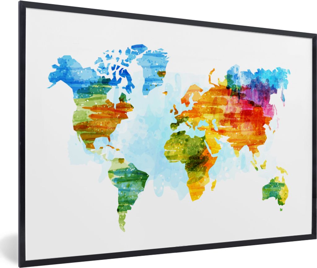 MuchoWow Gerahmtes Poster Weltkarte - Aquarell - Regenbogen - Kinder - Jungen - Mädchen 90x60 cm - Poster mit Schwarzem Bilderrahmen Wandposter ...