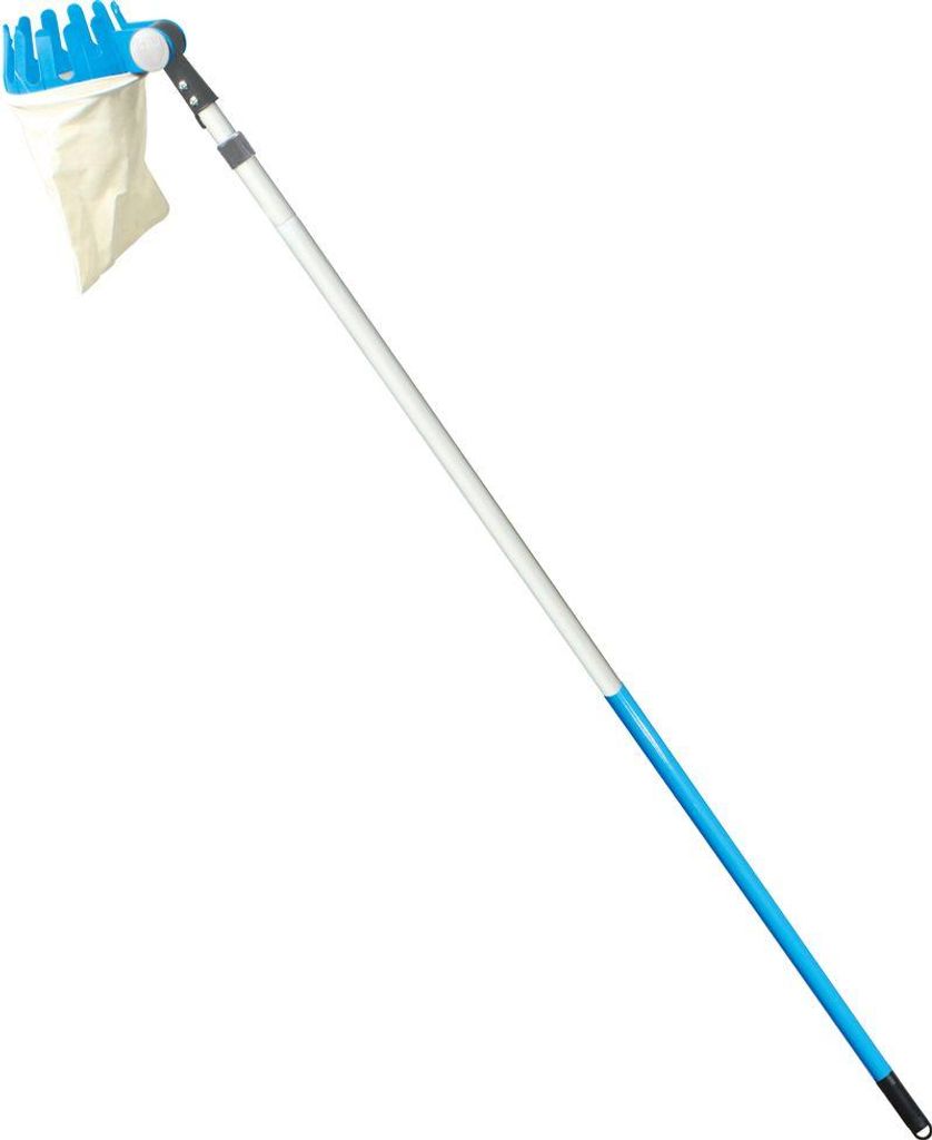 A fruit picker tool with a telescopic pole and a collection bag.