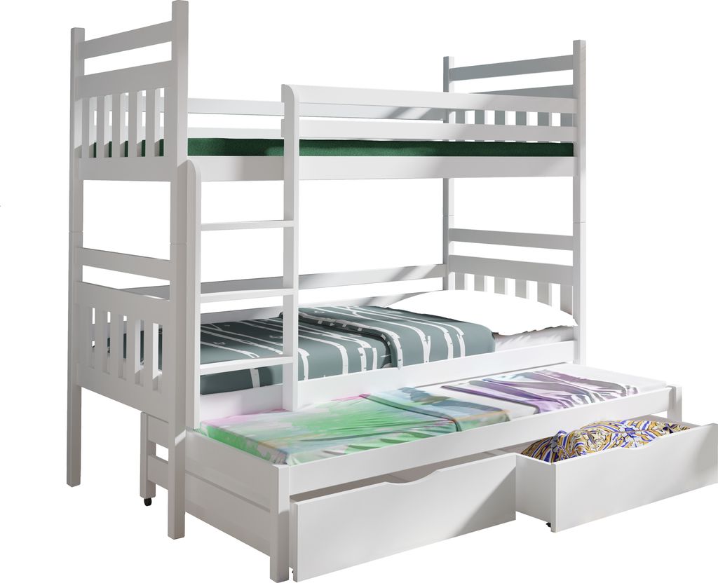 KEF Lena Etagenbett Kinder Etagenbett 3 Personen Holz Kinderbett mit Schubladen mit Matratze 90x200 cm Weiß