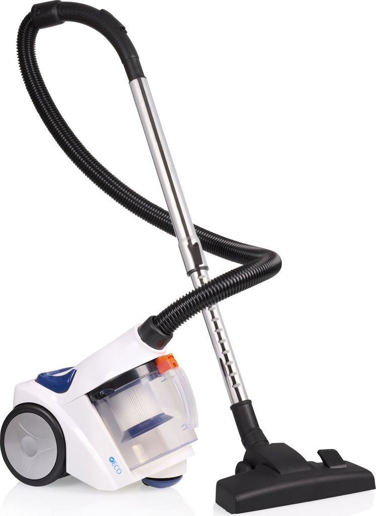 A white bagless vacuum cleaner with a black hose and silver handle, shown against a white background.