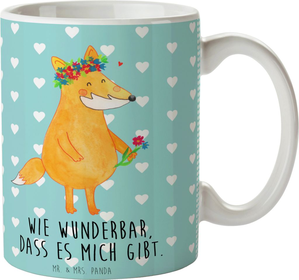 Mr. & Mrs. Panda Tasse Fuchs Blumen - Türkis Pastell - Geschenk, Selbstbewusst, Teetasse, Boho, Kaffeebecher, Motivation, Selbstliebe, Kaffeetasse...