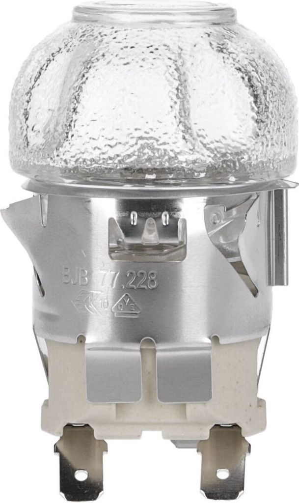 Close-up studio shot of a halogen lamp bulb with a ribbed glass cover and a metallic socket.
