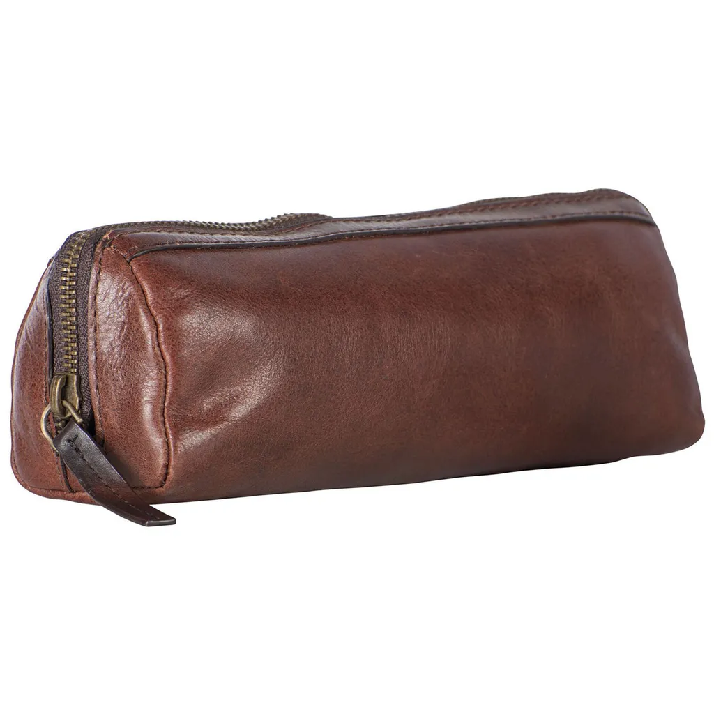 Trousse en cuir pleine fleur marron Cambridge avec fermeture zippée