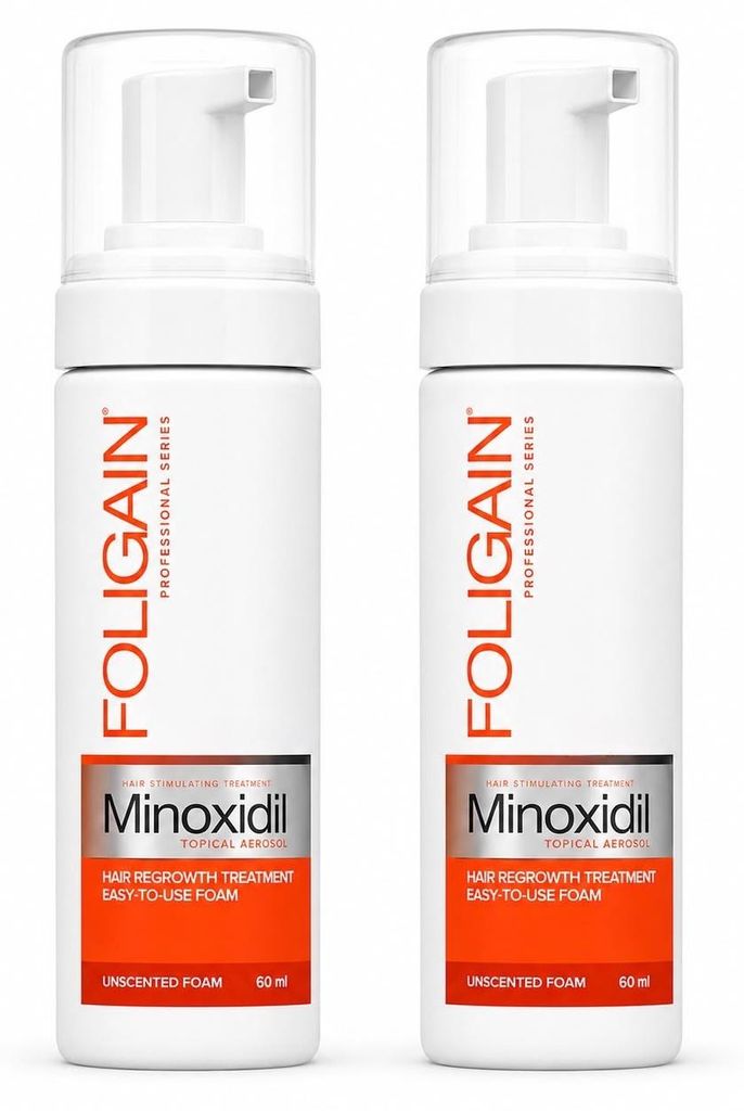 Haarwuchs-Schaum, Foligain, 5 % Minoxidil, parfümfrei, 2 x Produktbild 