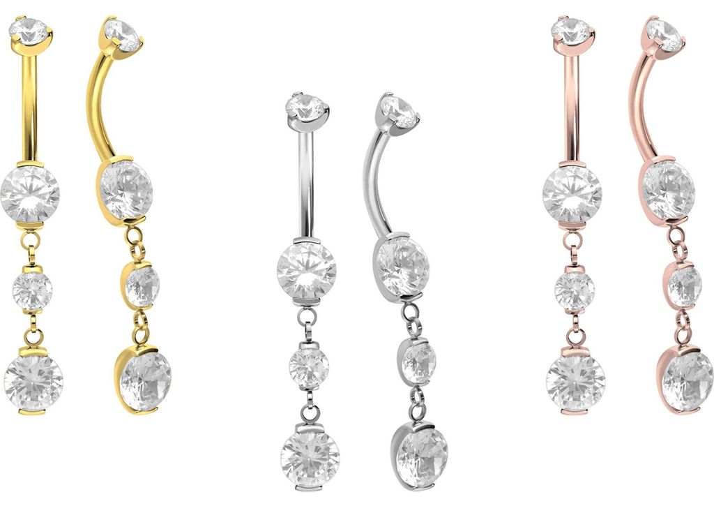 Bauchnabelpiercing Titan Mini Bananabell mit Innengewinde 4 KRISTALLE Gold Stablänge: 10mm