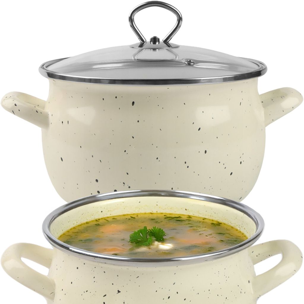 Two views of a speckled beige enamel pot with a glass lid and a pot filled with soup.