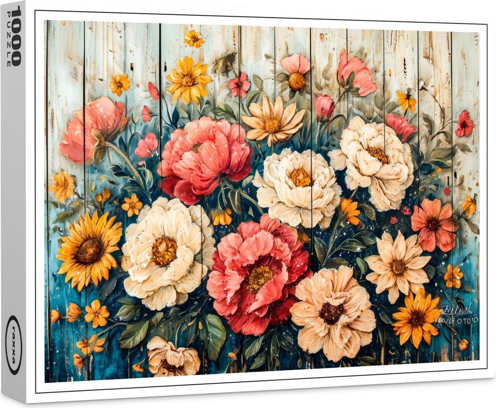 raxxa Premium-Puzzle "Red Roses and Zinnias in Rustic Contrast", 1000 Teile