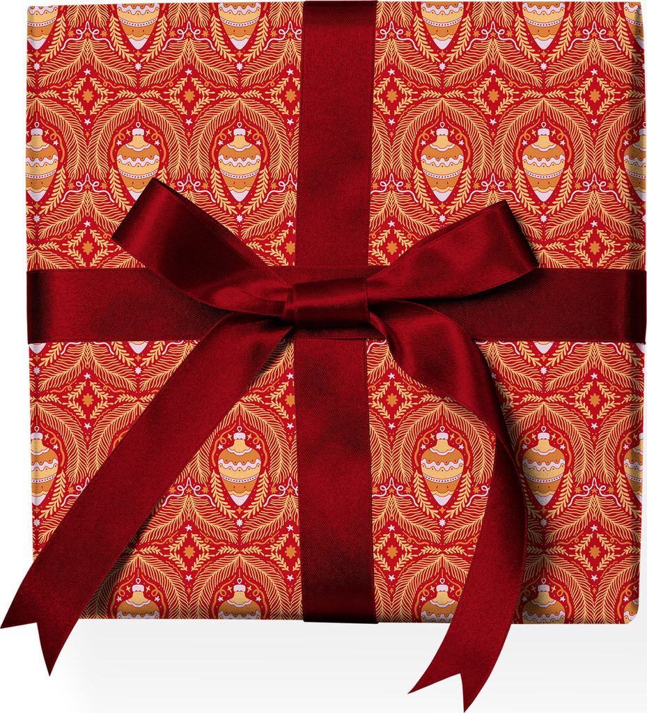 Rotes klassisches Tannen Weihnachts-Geschenkpapier mit Zapfen-Kugeln in rot - G22107, 32 x 48cm