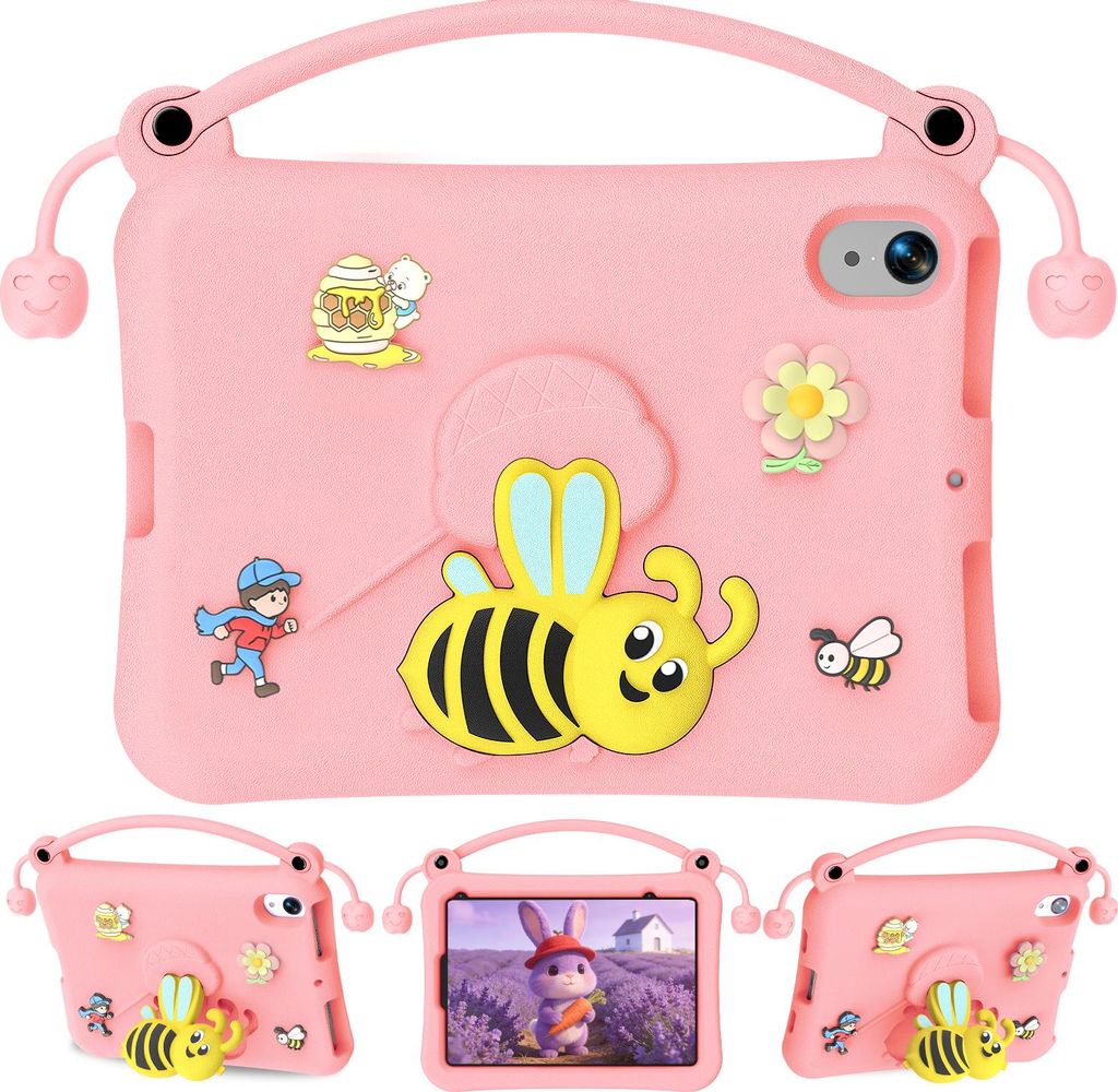 Kinder Hülle für iPad 2025/2022 11th Gen 11" (A16)/10th Gen 10,9" Leicht Stoßfeste Kindgerechtes Schutzhülle mit Griff, Biene Ständer Pink