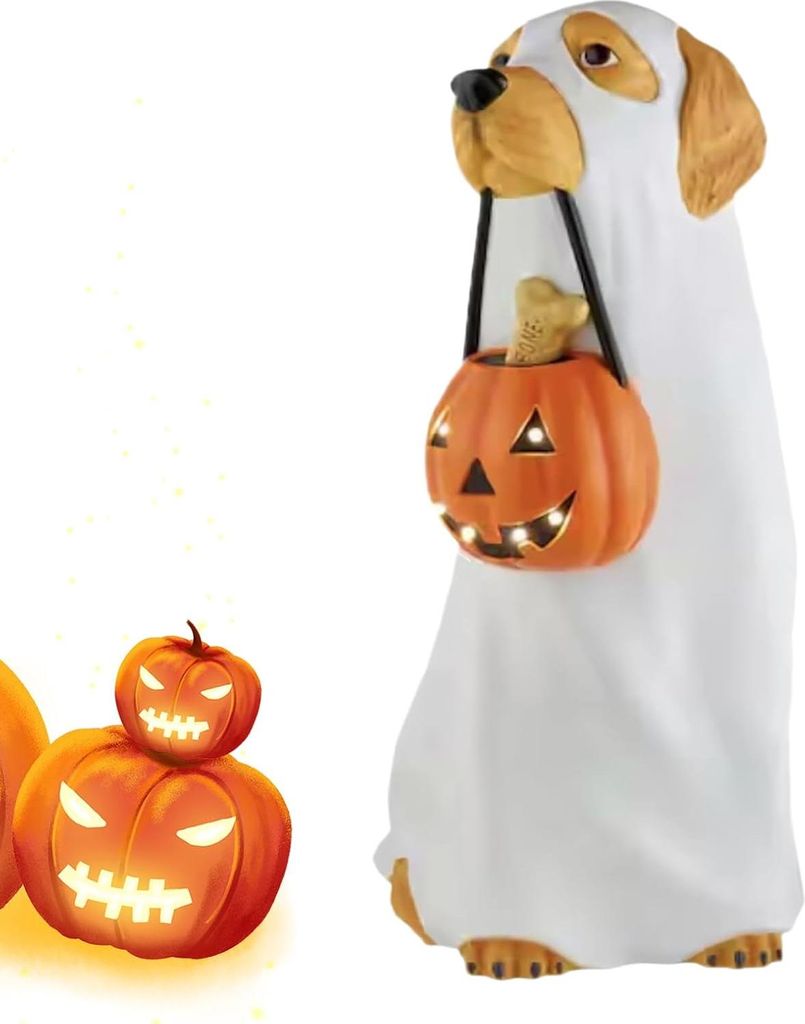 Halloween Ghost Dog Figur, Light Up Pumpkin Holding Decoration for Spooky, Resin Craft Design, mit LED Feature, Ghost Statue For Shelves, Büro der...